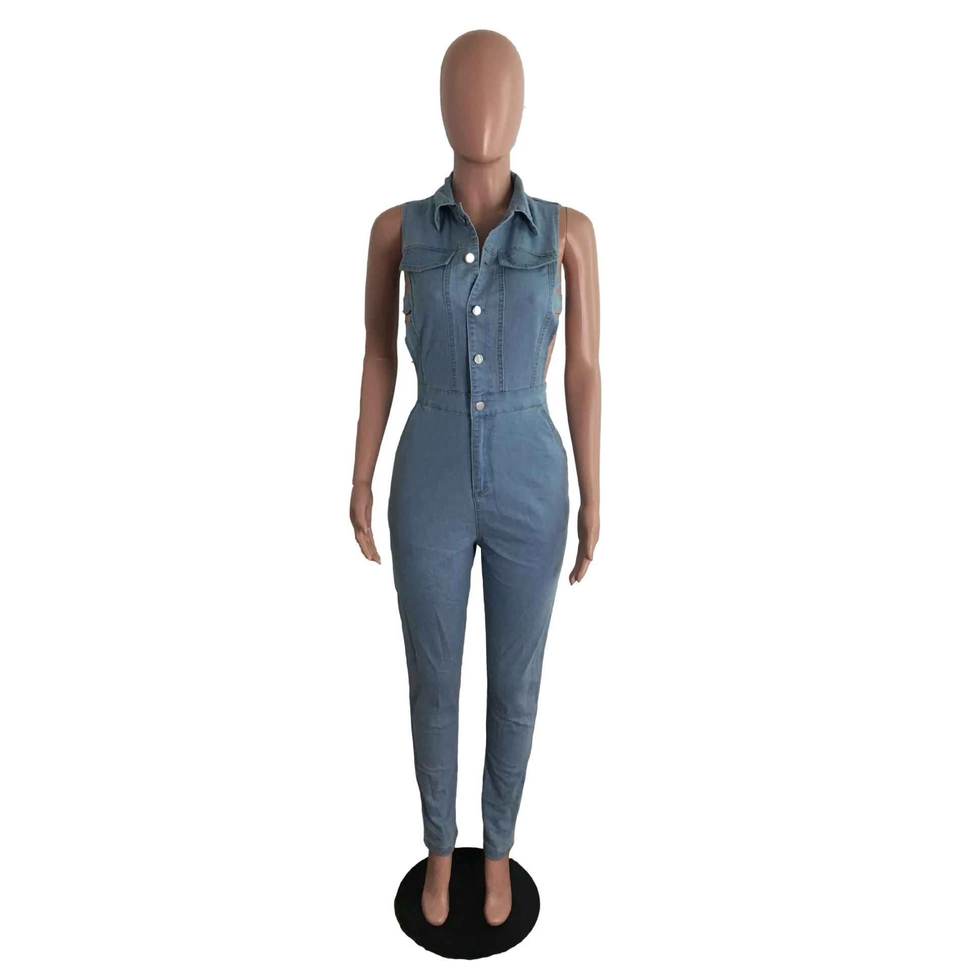 High Quality R08024 - fashion bodycon solid turn down collar hollow out button pockets sleeveless ladies jean jumpsuit