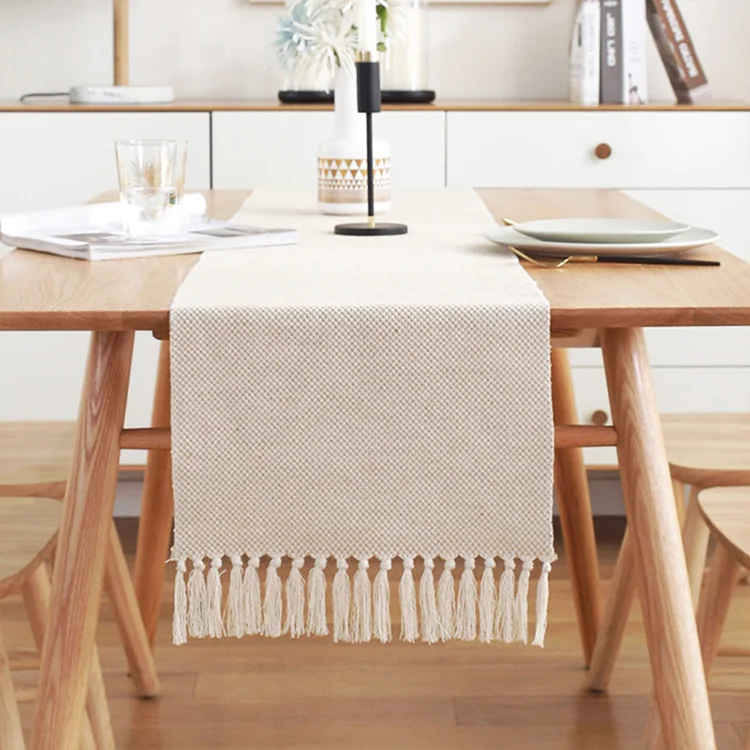 High Quality Plain Color Waffle Cotton Linen Woven Wedding Party Table Runner Hand Made With Tassel