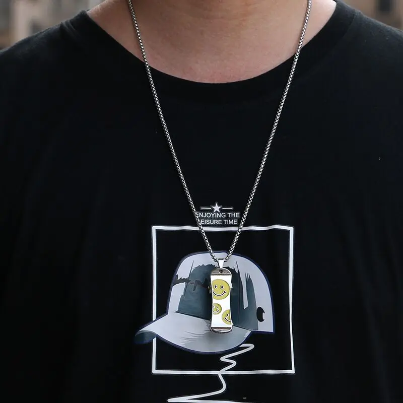 Wholesale Stainless Steel Smile Smiley Face Hip Hop Skateboard Pendant Necklace