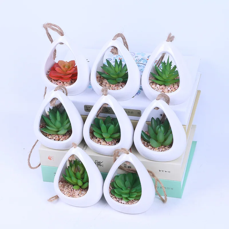 Hanging Potted Artificial Succulents Plants Mini Green Grass Planter Pot Succulent Ceramic Pots Set For Decoration