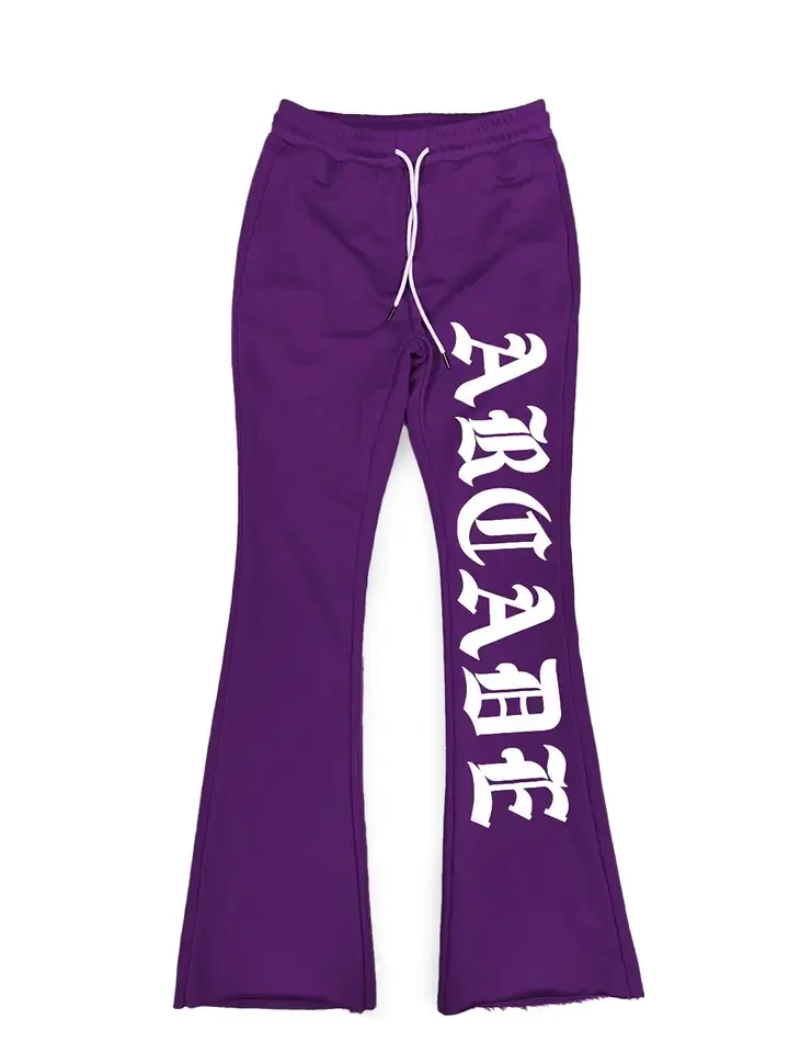 Custom Wholesale 100% Cotton Fabric For Flare Track Jogger 3D Puff Print Fleece Sweatsuits Men Sweatpants Stacked Sweat Pants