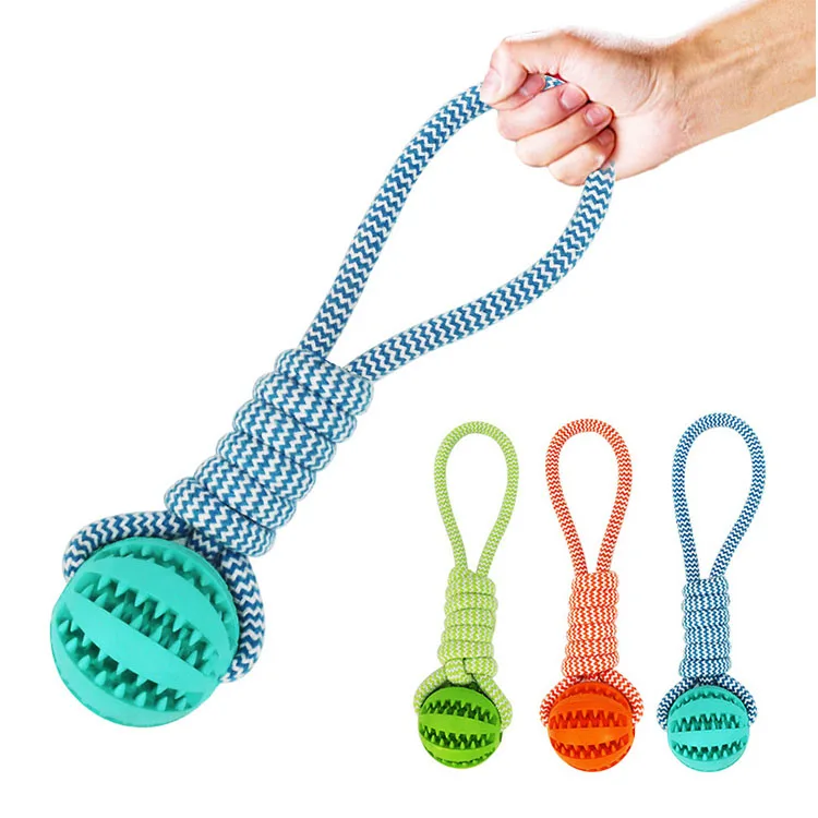 Amazon Best Seller Food Treat Feeder Rubber Toy Ball Bite Resistant Teeth Cleaning Cotton Rope Chew Pet Dog Toy