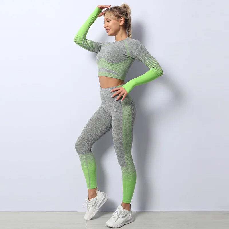The New Striped Knitted Gradient Color Seamless Sexy Stretch Ladies Long sleeved Yoga Clothes Suit TZ666