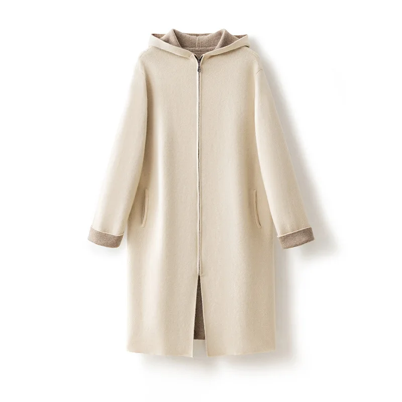 Women Casual Plain Knit Zip Cashmere Long Cardigan Hoodie