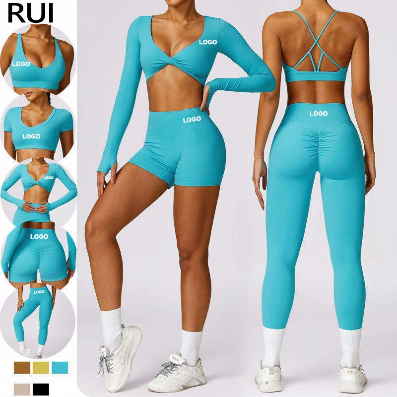 Most Popular Seamless Yoga Suit 5 Piece Sports Shirts Crop Top Bra Leggings Gym Clothes Fitness Tracksuit Workout Set