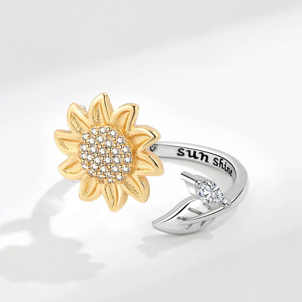 Yoga New Emo Rotate Freely Spinning Stainless Steel Anxiety Ring Fashion Sun Flower Ring For Girl Jewelry Gift