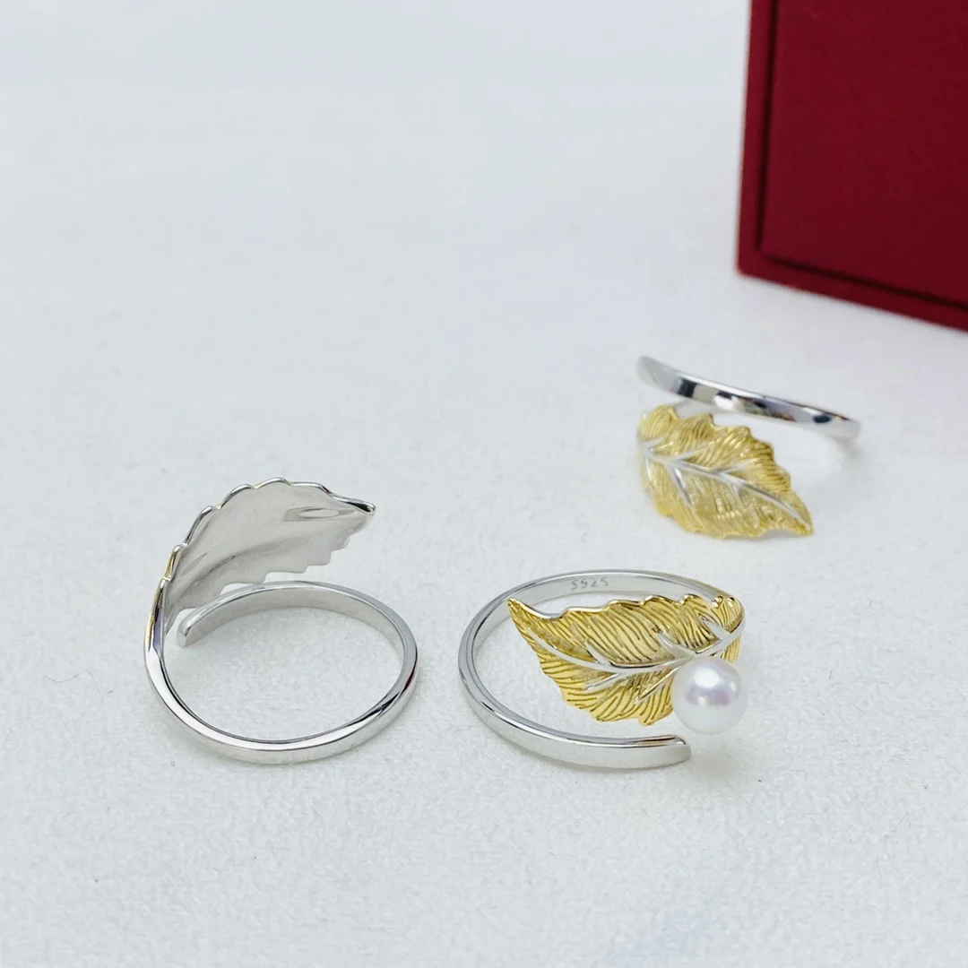 Adjustable Leaf Shape S925 silver Design Ring with 5mm Button Pearl for Lady Gift