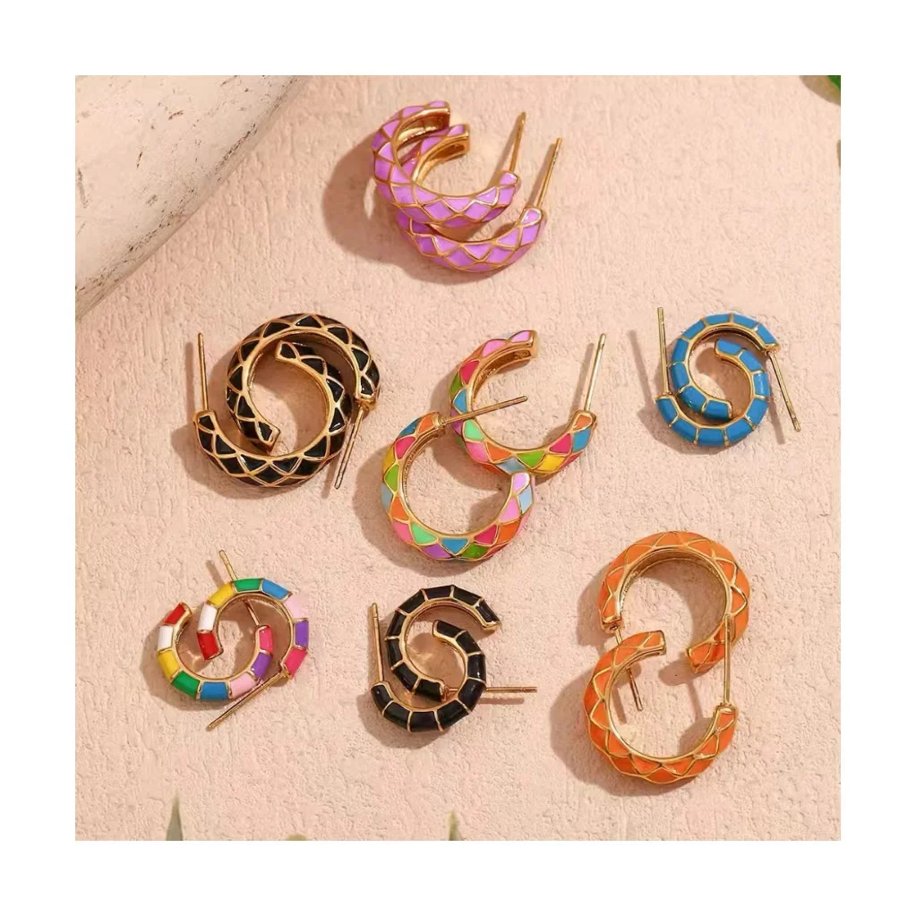 Fashion Jewelry Stainless steel C Shape Hoop Earrings Colorful Drip Oil Vintage waterproof non tarnish earrings