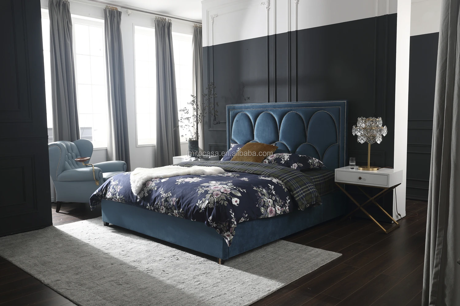 American Modern Home Furniture High Back Upholstered King Size Bed Black Fabric Double Retro Elegant Bed Bedroom Set