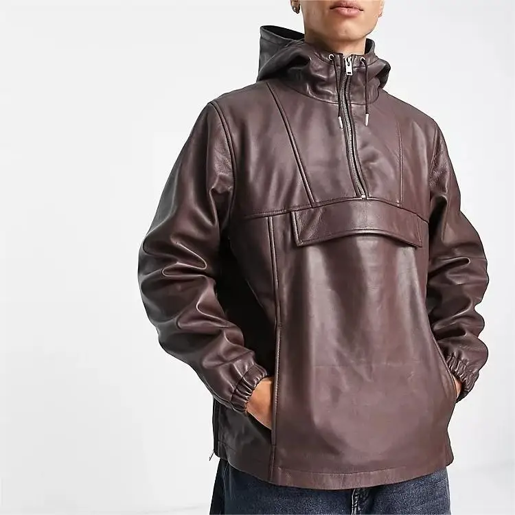 OEM custom logo brown half zipper PU synthetic leather elastic sleeve waterproof windproof trended 80 GSM hoodie for man