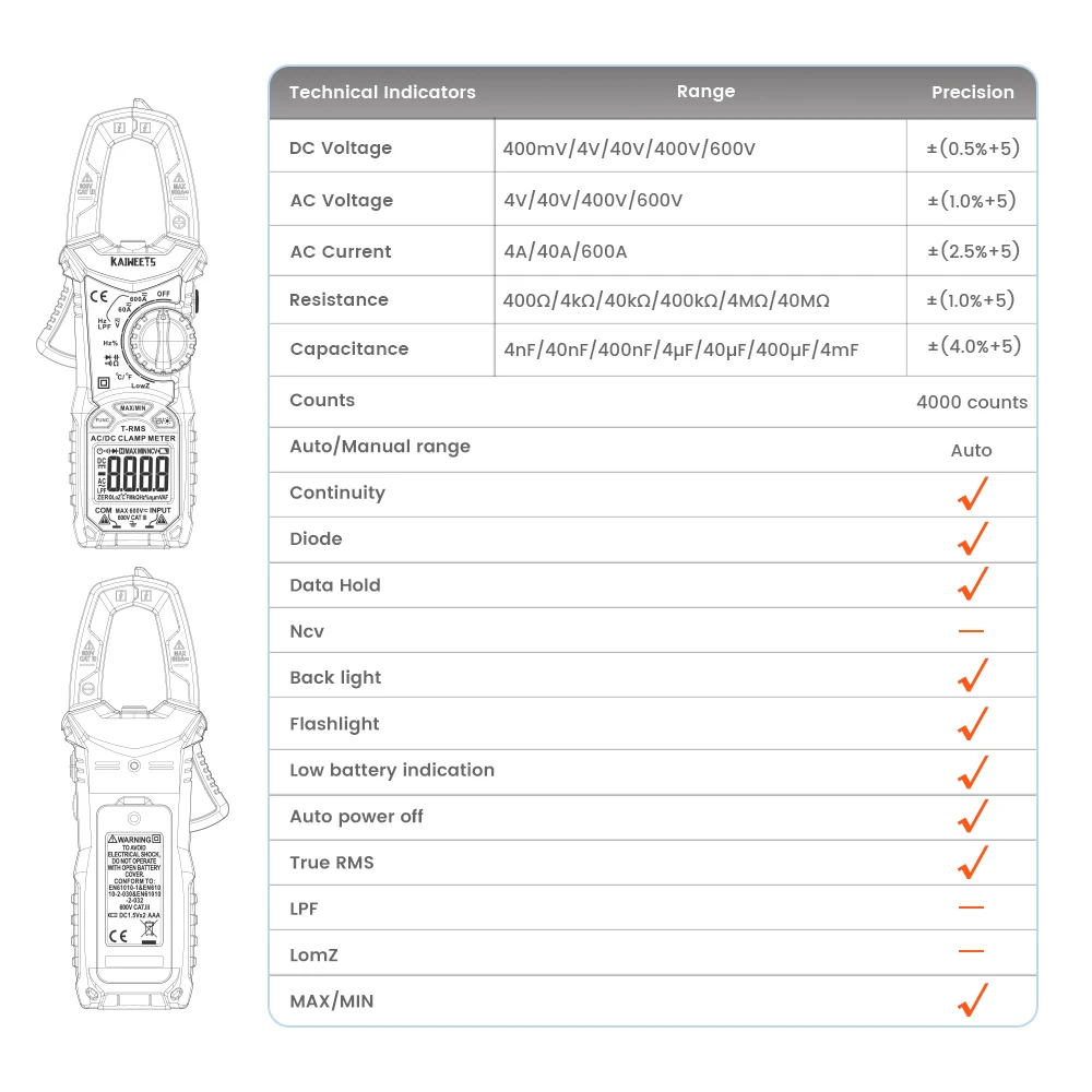 Kaiweets  Clamp Multimeter 4000 Counts Digital Clamp Meter with Non Contact Voltage Connector Clamp Meter Wholesale and Retail
