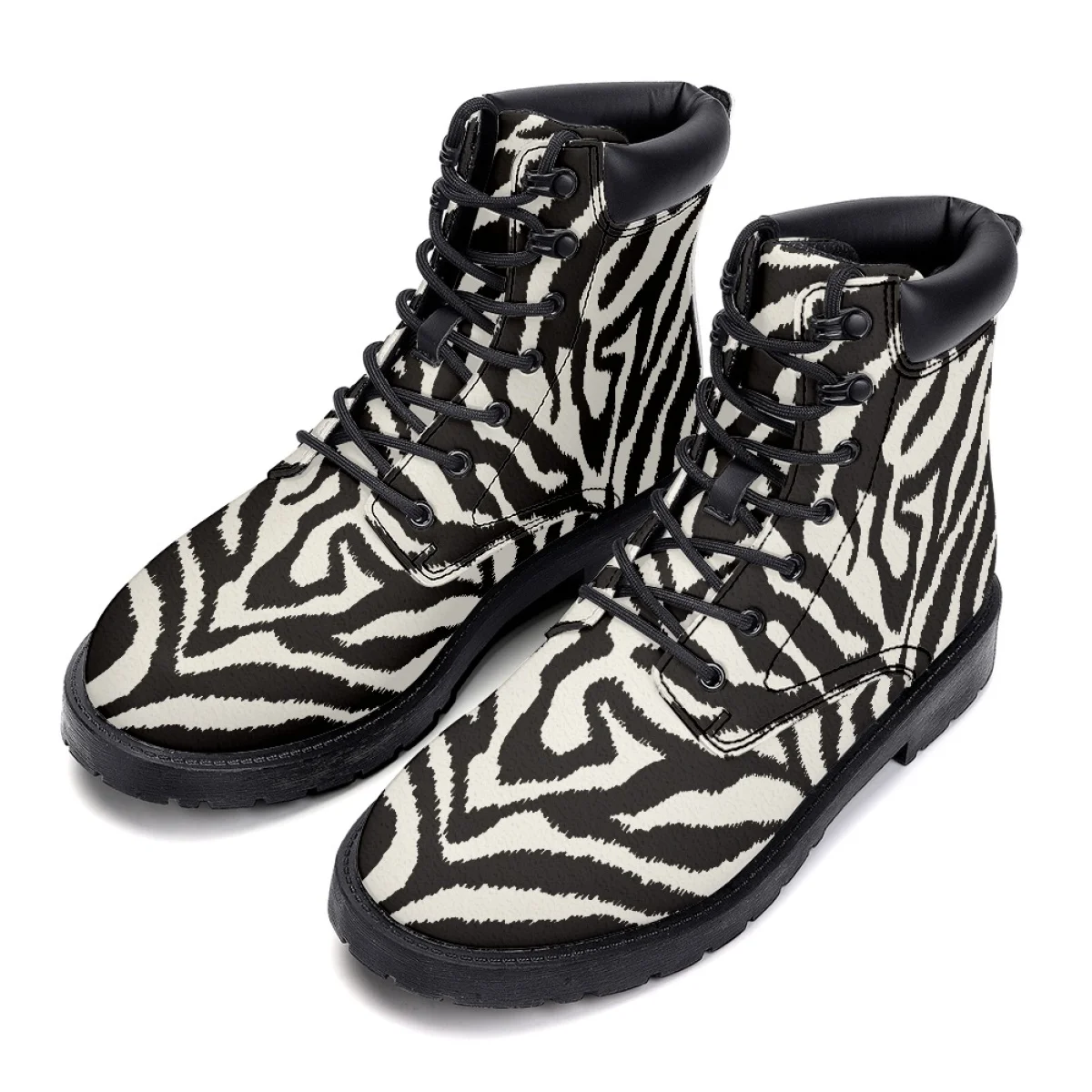 Print On Demand  Women  Fashion Leather Ankle Booties Custom Animal Stripe Causal Walking Shoes Lace up Combat Boots