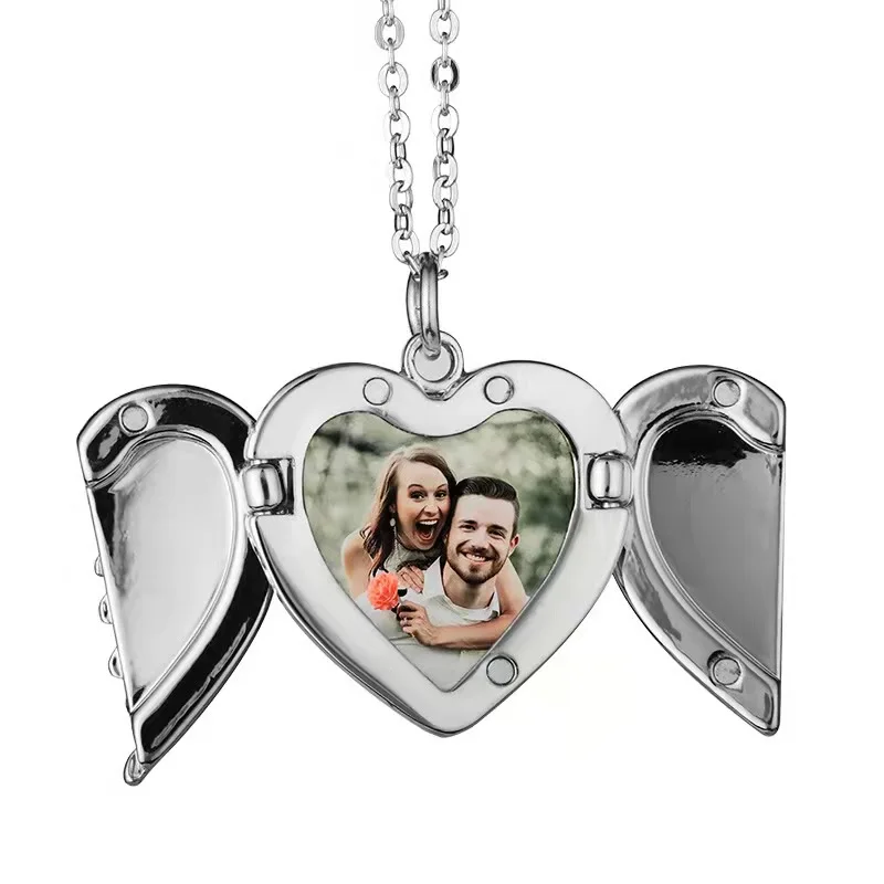 Valentine Day New Custom Sublimation Blank Heart Shaped Angel Wings Lover Necklace Pendant