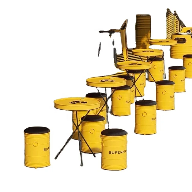 Factory Direct Creative Table and Chairs Industrial Oil Bucket Metal Bar Chair and Table Set Restaurant Drinking Shop Coffee