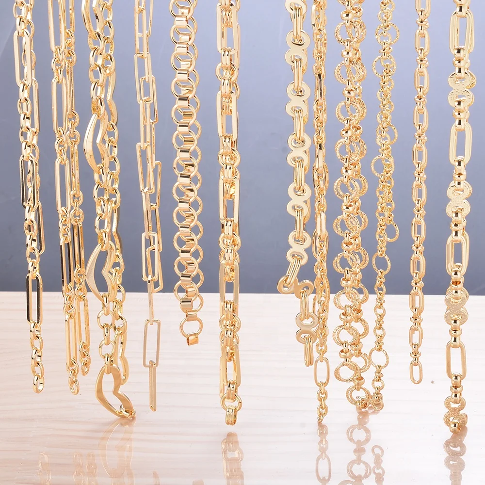 Wholesale Curb Cross Cable Chain Bulk 18K Gold Plated Brass Necklace Long and Short Heart Chain for DIY Bracelet Jewelry Making