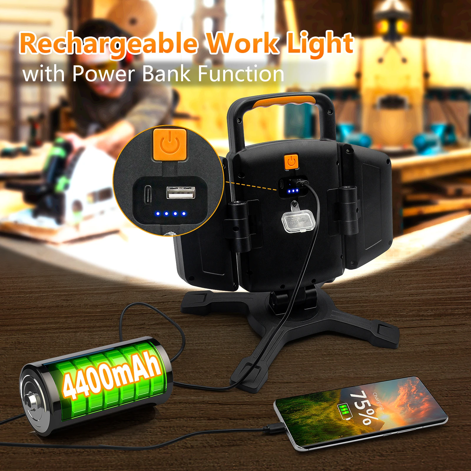Portable Work Light 30W 3000 Lumen Work Lamp Handheld Battery Rechargeable Magnetic Base LED Work Light