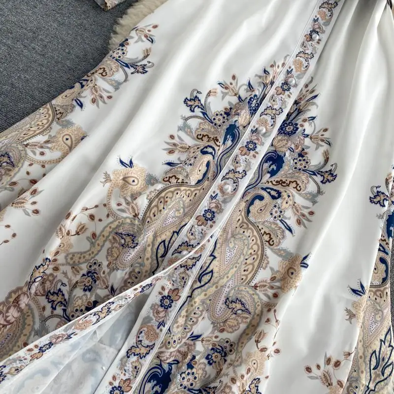 Dress Long Women Retro printing temperament shirt collar fashionable bubble sleeves slim long dress