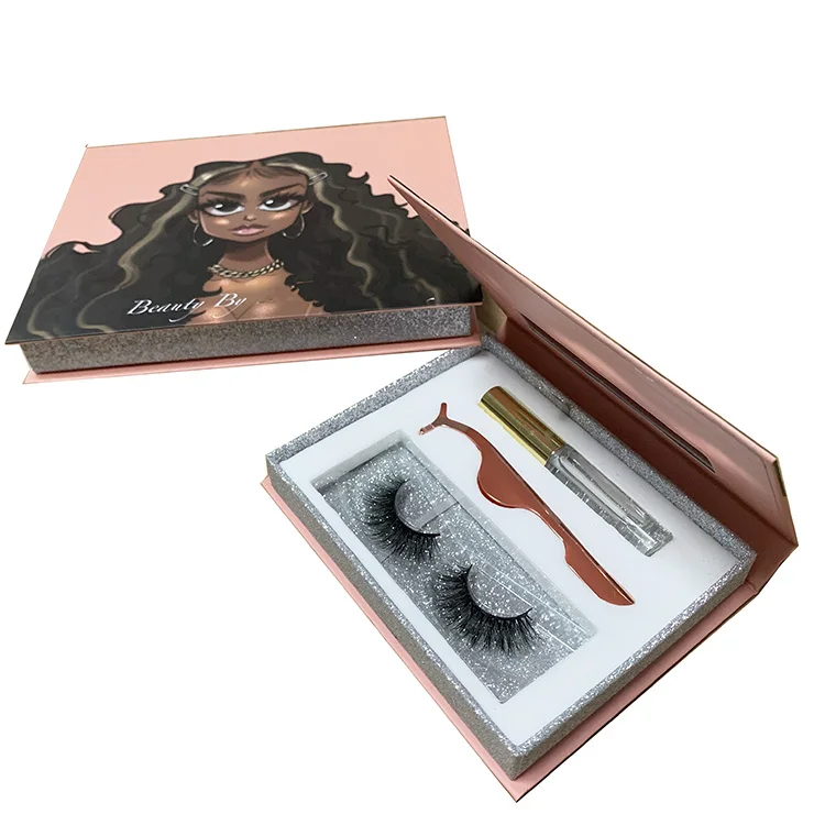 
custom logo eyelash case 3 pairs eyelash packaging with glue and applicator lash box with mirror eyelash vendor 