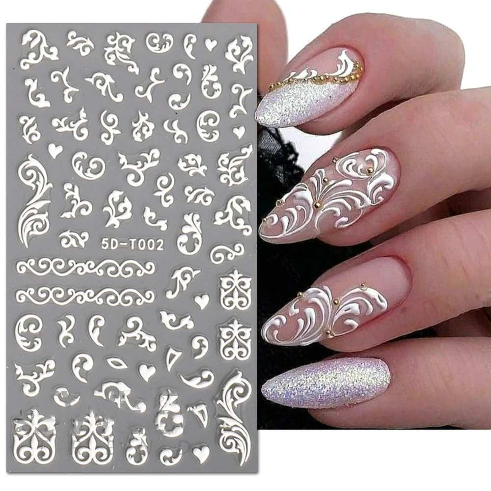 Wholesale Custom 3D/5D White Flowers Line Nail Stickers Relief Embossed Adhesvice Acrylic Polish Wraps DIY press on