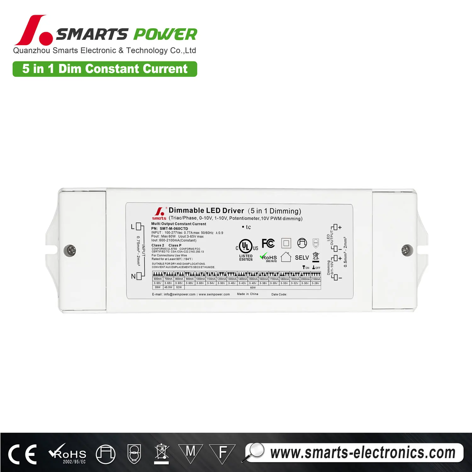 Multi-current adjustable 60w 5 in 1dimmable led power supply driver 600ma 60w
