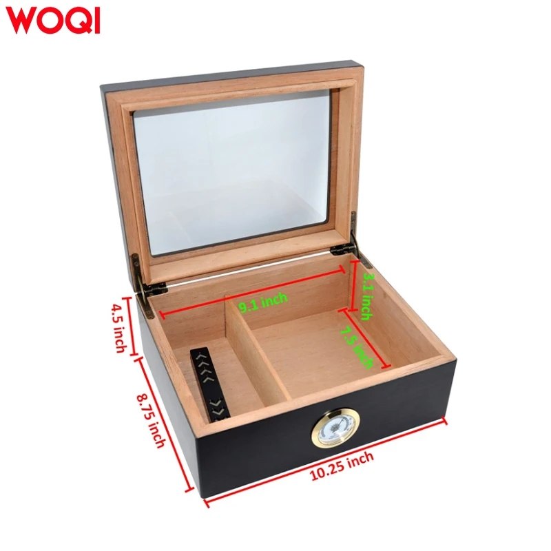 WOQI Handcrafted Glossy Cedar Wood Lined Large Capacity Cigar Box with Hygrometer Elegant Genre Humidors