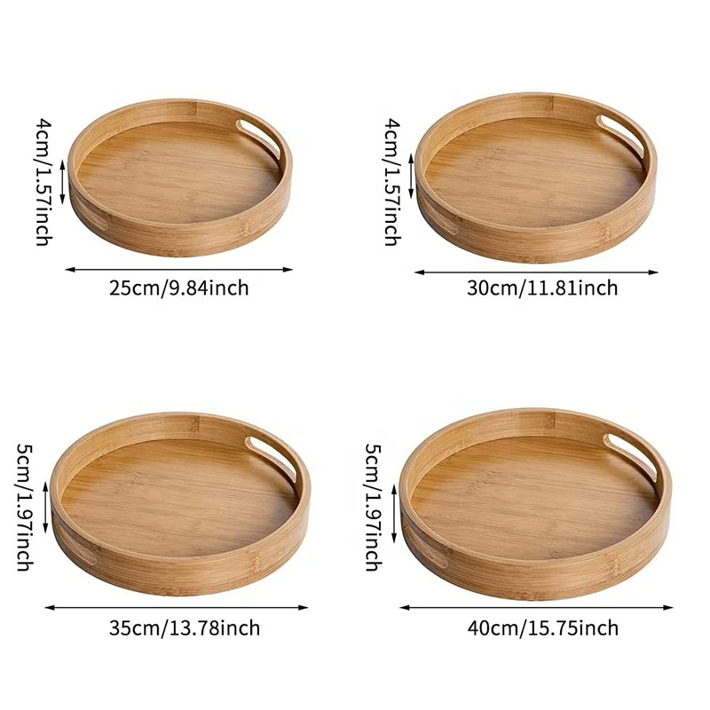 Custom Wooden Bamboo Round Floating Coffee Tea Food serving trays set With Handles