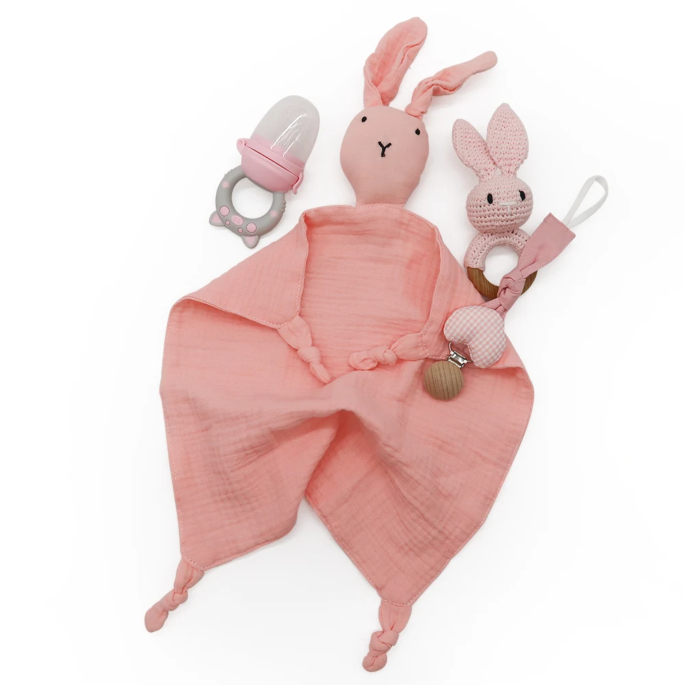100% Cotton Muslin Teething Cloths Towel Bunny Soothing Baby Security Blanket Toy Set