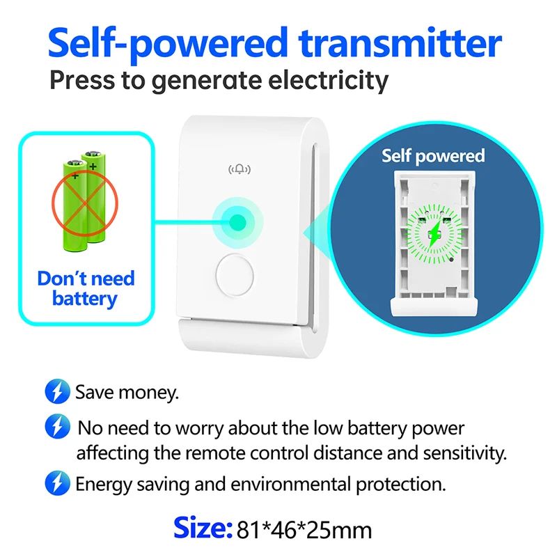 Door Bell Chime Ring No Battery Electric EU Plug Smart Home 1x1 Self Powered Waterproof Wireless DoorBell