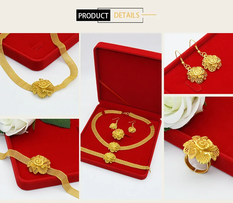 Ethiopian African Wedding Bridal Set Flower Necklace Earring Ring Bracelet Dubai 24K Gold Plated Jewelry Sets