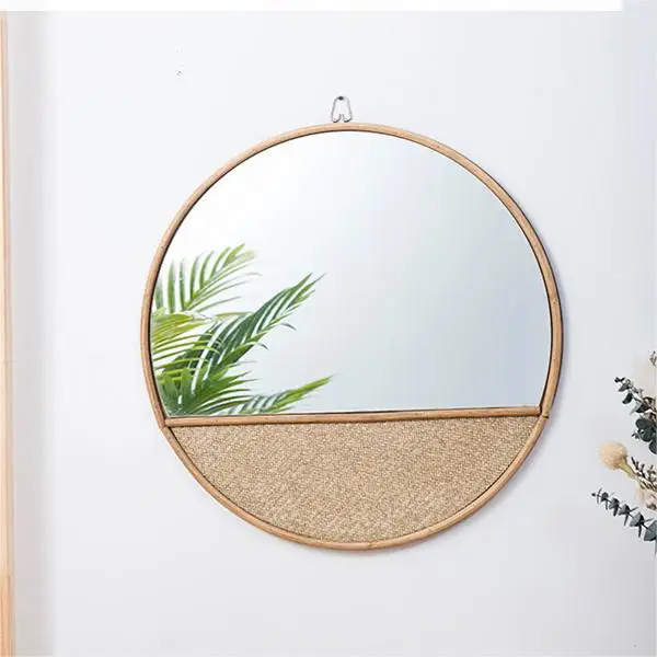 Minimalist Espejo Decoracion Retro 16 inch Wood Wall Decor Mirror Round Circle Rattan Weave Makeup Wall Mirror for Bedroom