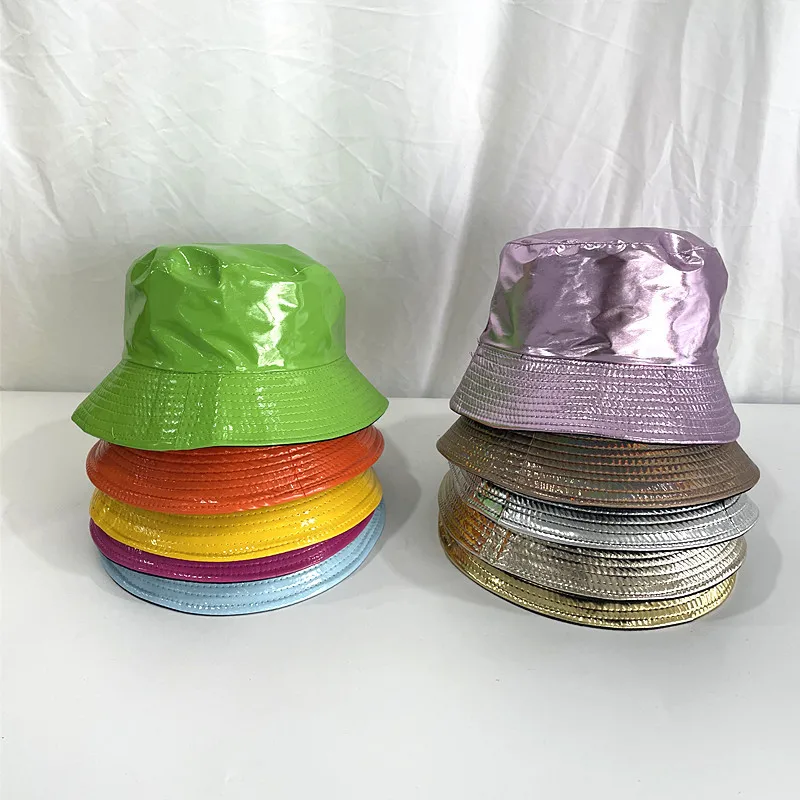 Bucket Hat PU Leather Stage Casual Bucket Hat With Bright Surface Reflective Fisherman Hat Bright Visor Dazzling Color