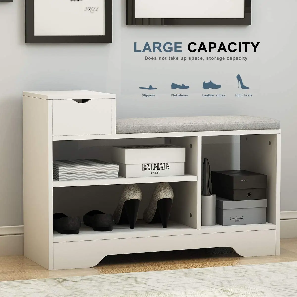  Shoe Storage Benches with Cushion Seating White Rack Bench Entryway Organizer Bedroom Dining Room