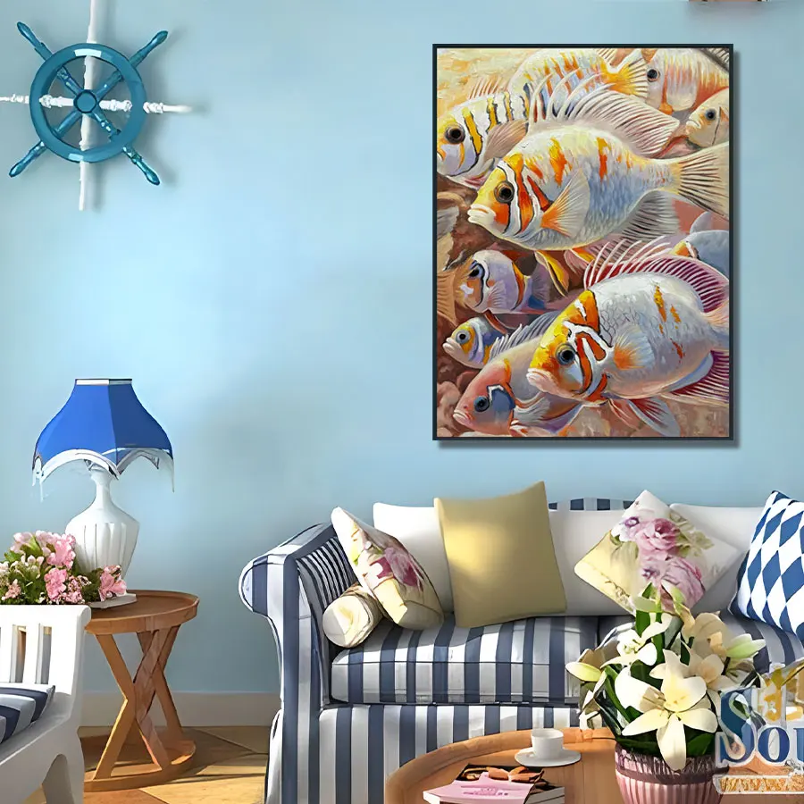 Original Art Factory Handpainted 100% Abstract Fish Oil Painting Custom Modern Style HotelorHome Wall Decor