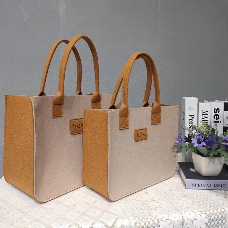 Customized Thick Wool Felt Tote Handbag for Women Large Capacity Portable Zip Closure Shopping Bag with Polyester Lining Gift