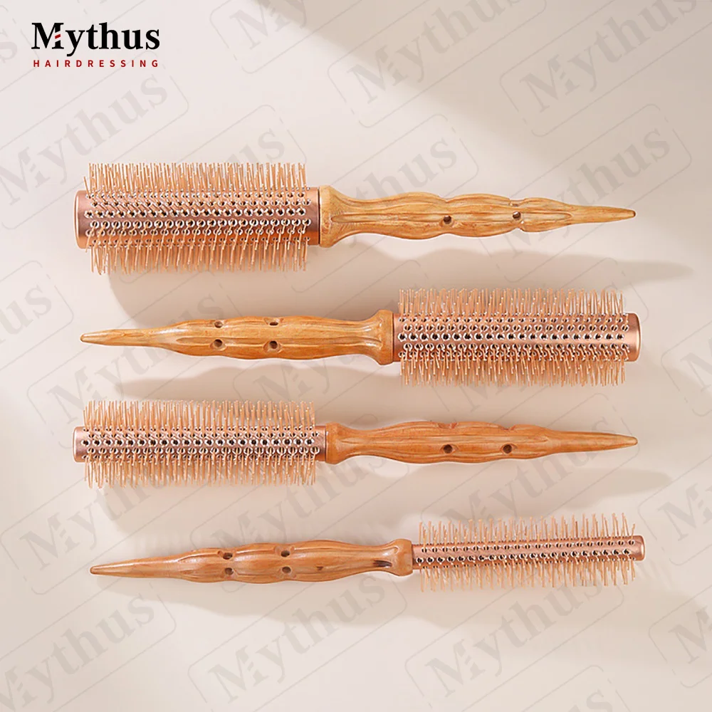 Korea Style Luxury Rose Gold Long Aluminum Barrel Heat Resistant Nylon Bristle Wooden Tail Handle Round Comb Curling Hair Brush