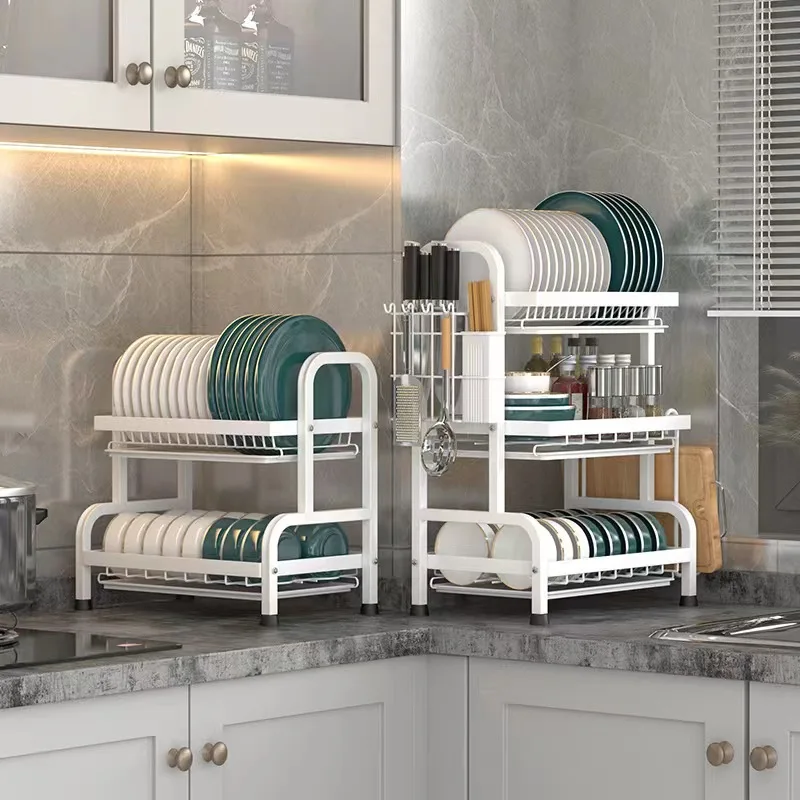 Kitchen Cabinet Organizer Dish Rack 2 Tier White  Metal Dish Rack With Tray