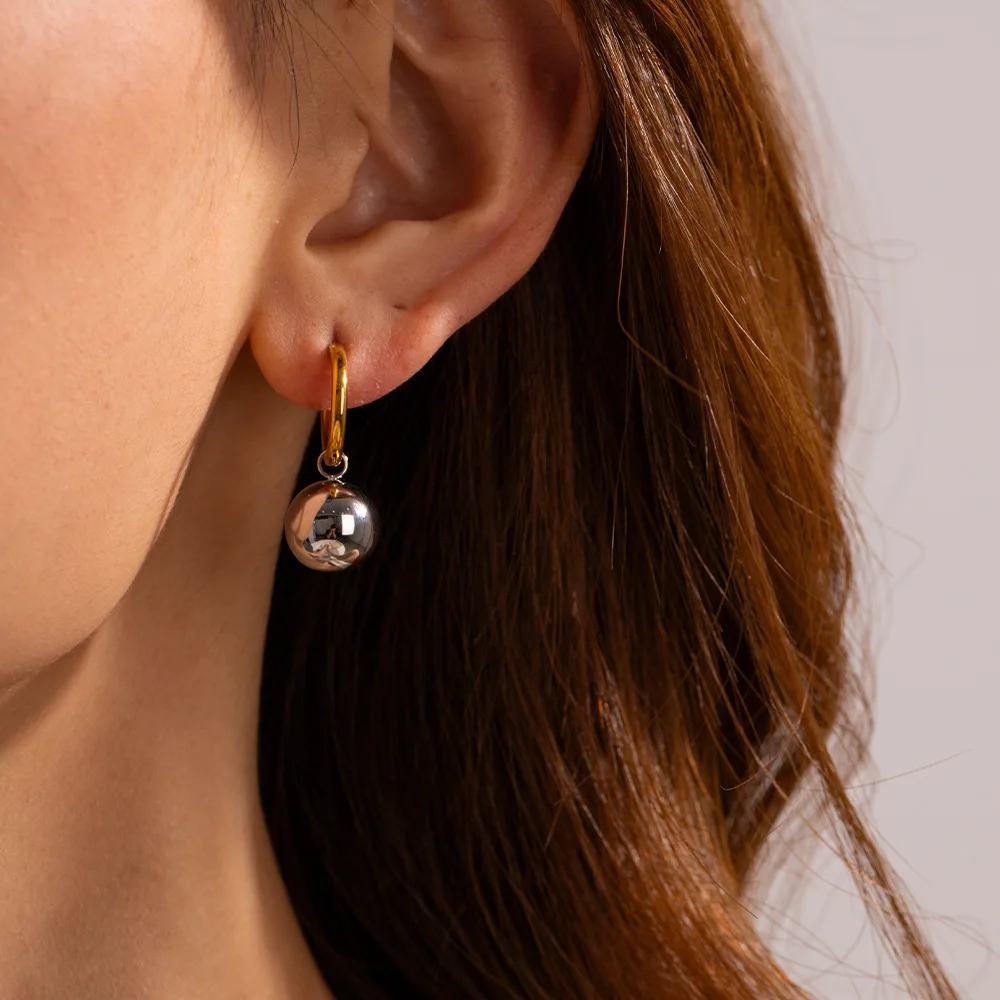 NUORO INS Style Fashion Simple 18K Gold Plated Ear Buckle Earrings Jewelry Personality Steel Ball Pendant Huggie Hoop Earrings