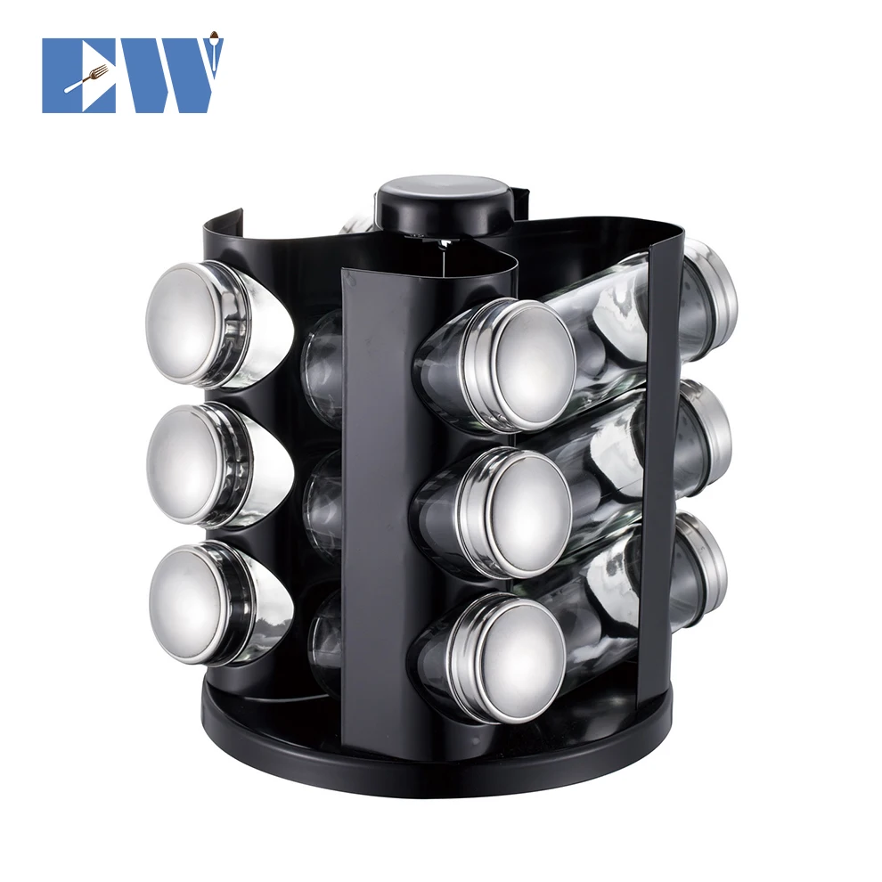 Black Coating Rotating Spice Rack with 12pcs Glass Jars,Seasoning Storage Bottle Cruet Set