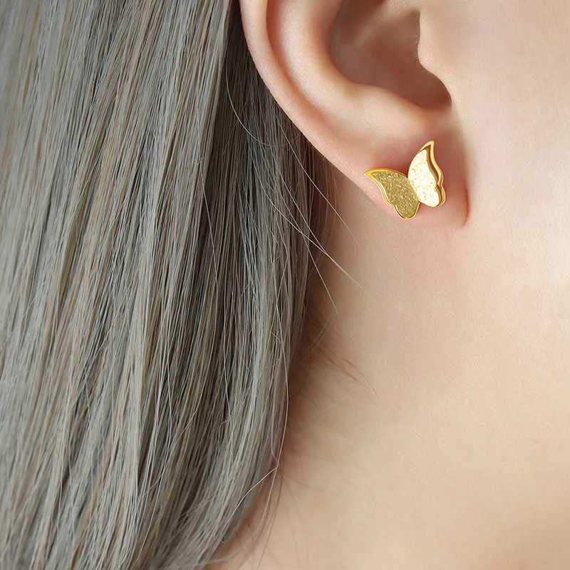 Classic Gold Plated Stainless Steel Butterfly Necklace Earrings Ring Jewelry Set Fashionable Women Party Jewelry