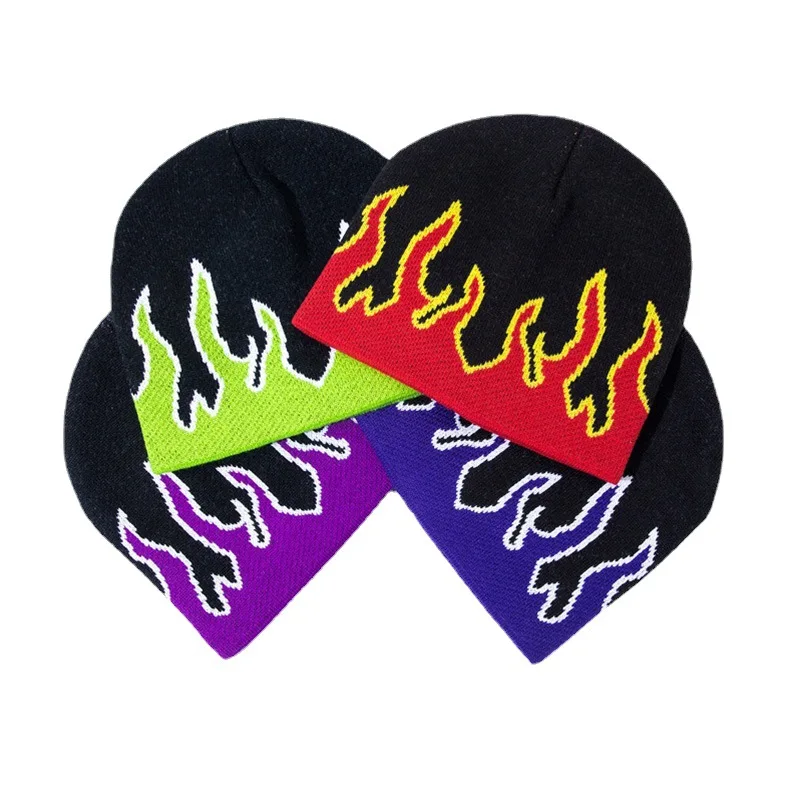 Fire Flame Pattern Beanie Knit Beanie Hat Y2K Skullies Slouchy Beanie