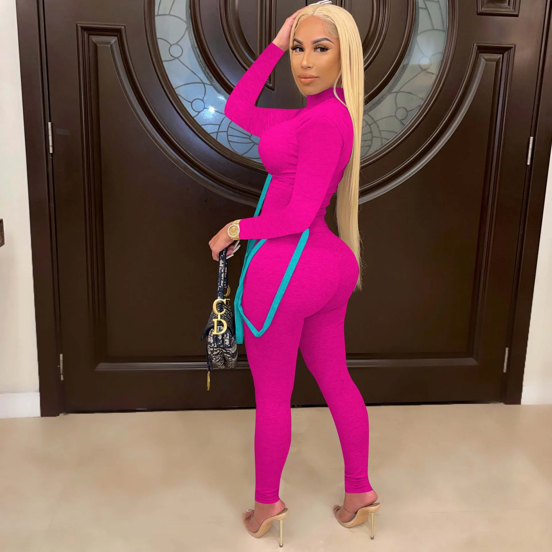 Wholesale Lace Up Top and Leggings 2 Piece Sets Sexy Fitness Contrast Color Jogger Set Knit Two Piece Elastic Pants Outfits