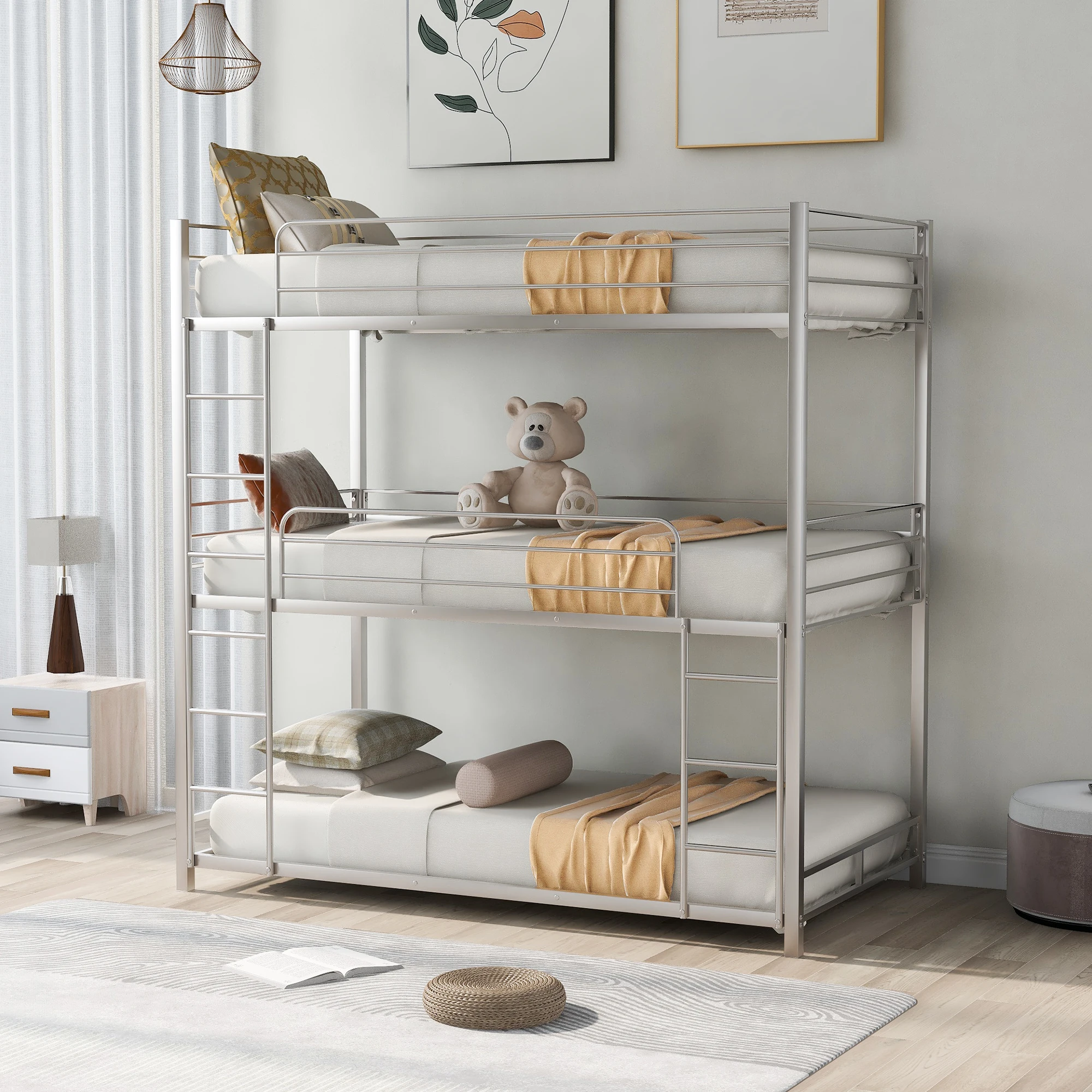 Оптовая продажа металлическая Тройная двухъярусная кровать Современная Стальная рама 3-х слойная двухъярусная кровать для взрослых в школе