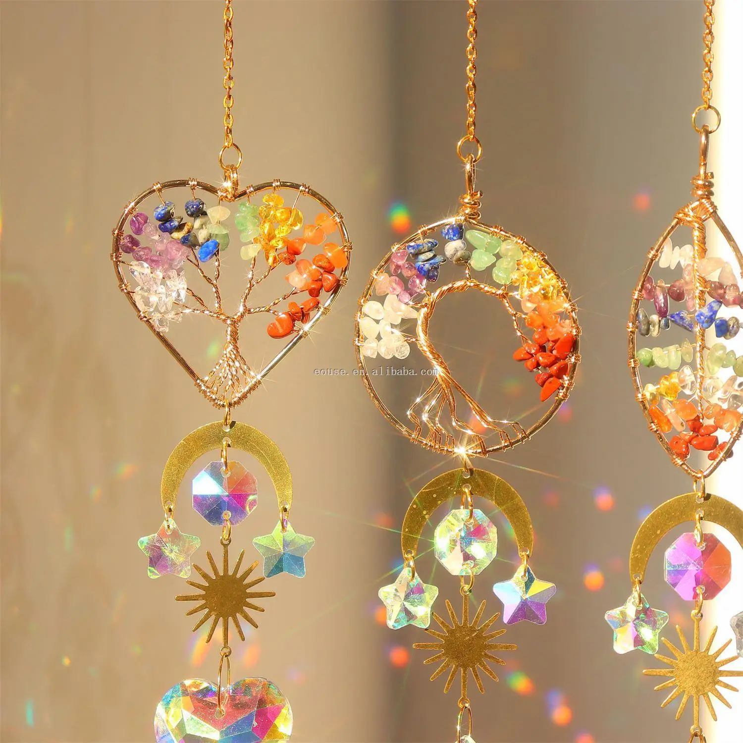 Golden Tree of Life Love Heart shaped Crystal Catcher Hanging Window Sun Prism Decoration Indoor Rainbow Maker