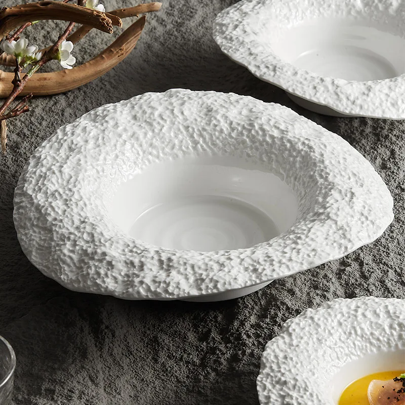 Hat Shape Hotel Wedding Restaurant Soup Plates Dinner Ceramic Porcelain Tableware with Rock Texture