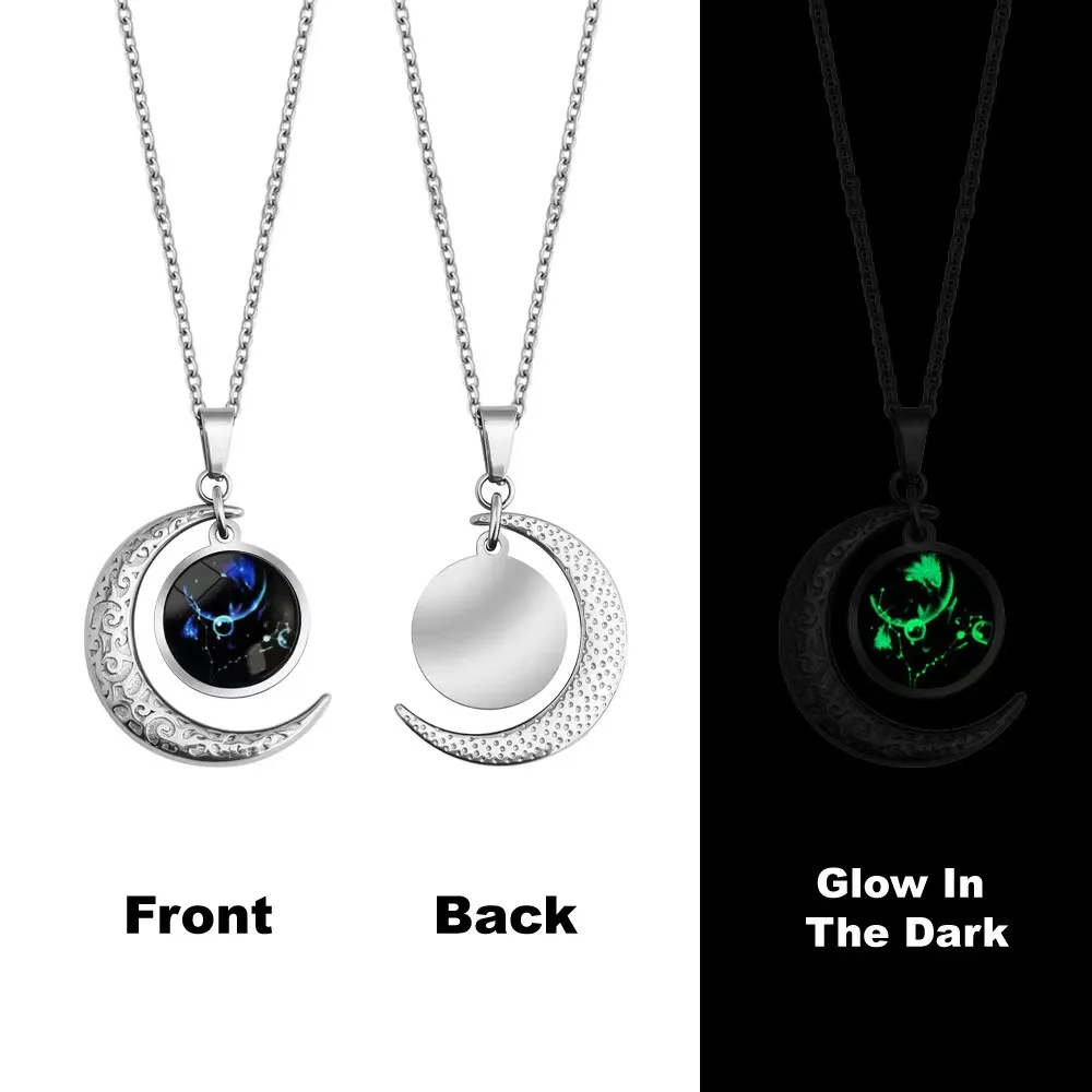 Fashion Style Twelve Constellations Luminous Glass Necklace Moon & Star Pendant for Party & Gift