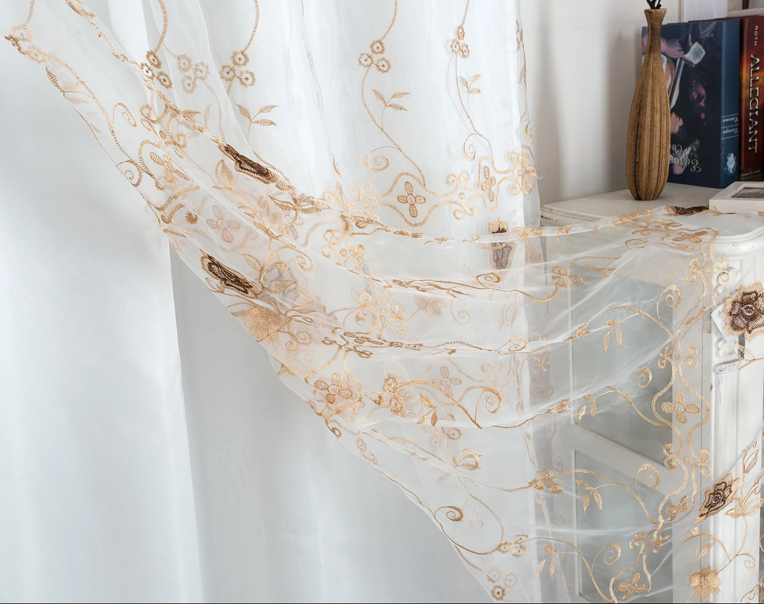 New double layer wholesale window curtain elegant sheer embroidery tulle ready made curtain for home decor