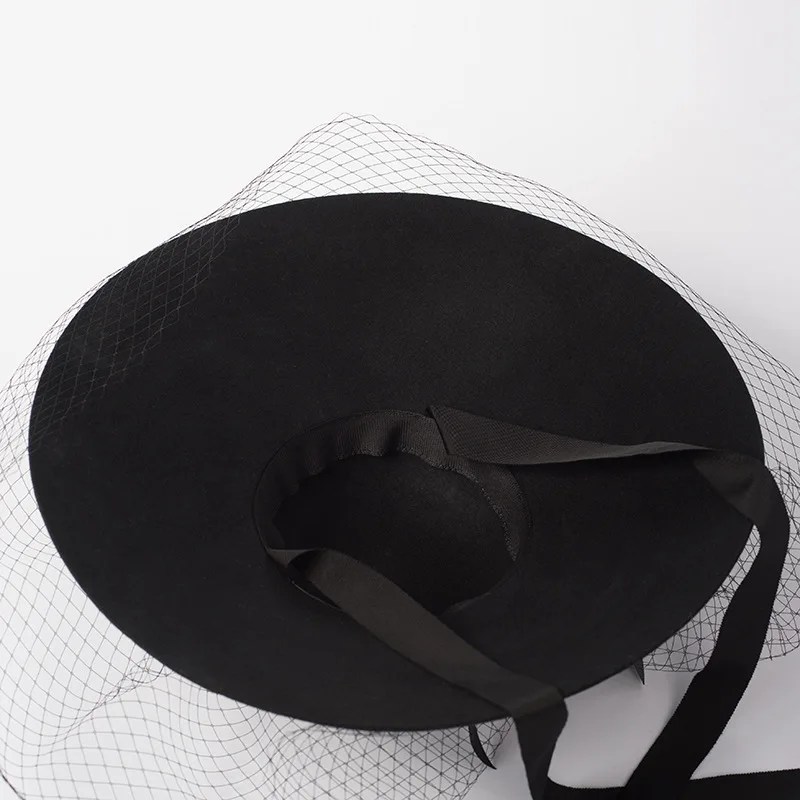 black Womens Wool Felt Floral Veil Netting Feather Wide Brim Derby Hat