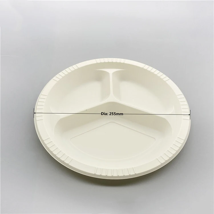 Customized size round tray cornstarch dinnerware 3 compartment plates for fast food