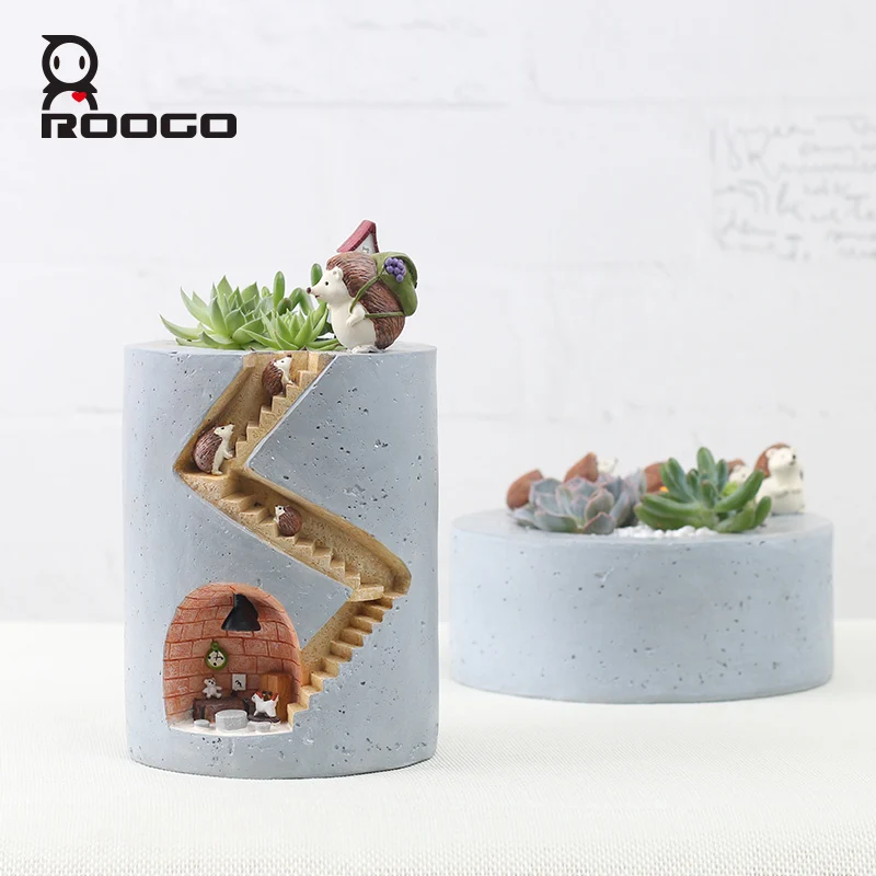 ROOGO Fairy Garden Unique Imitation Concrete Resin Plant Holder Small Planter Succulent Bonsai Pots Pen Holder Kids Gifts