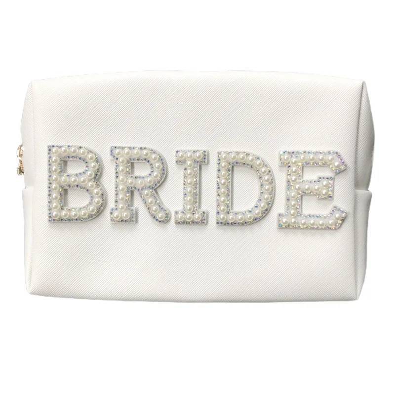 Creative MRS/BRIDE Pearl Letter Bridal Makeup Bag Waterproof Travel Portable Pu Leather Cosmetic Bag For Bridesmaid Wedding Gift
